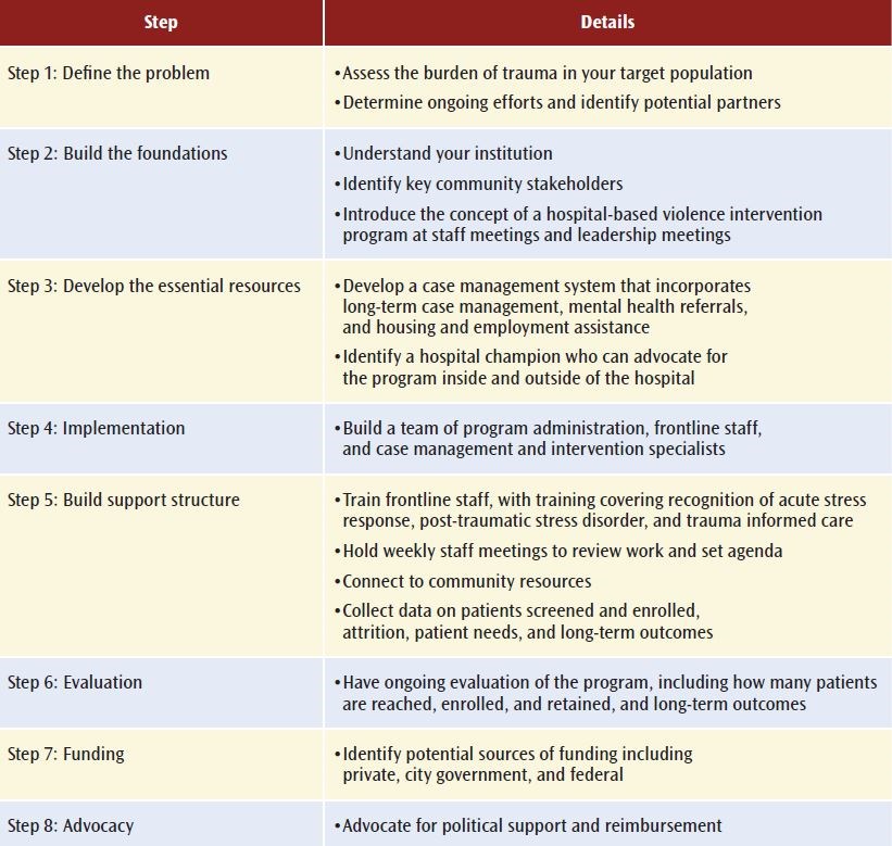 Dicker R, Gaines B, Bonne S, et al. Violence intervention programs: A primer for developing a comprehensive program within trauma centers. Available at: www.facs.org/quality-programs/trauma/advocacy/ipc/firearm-injury/hvip-primer. Accessed July 26, 2021.